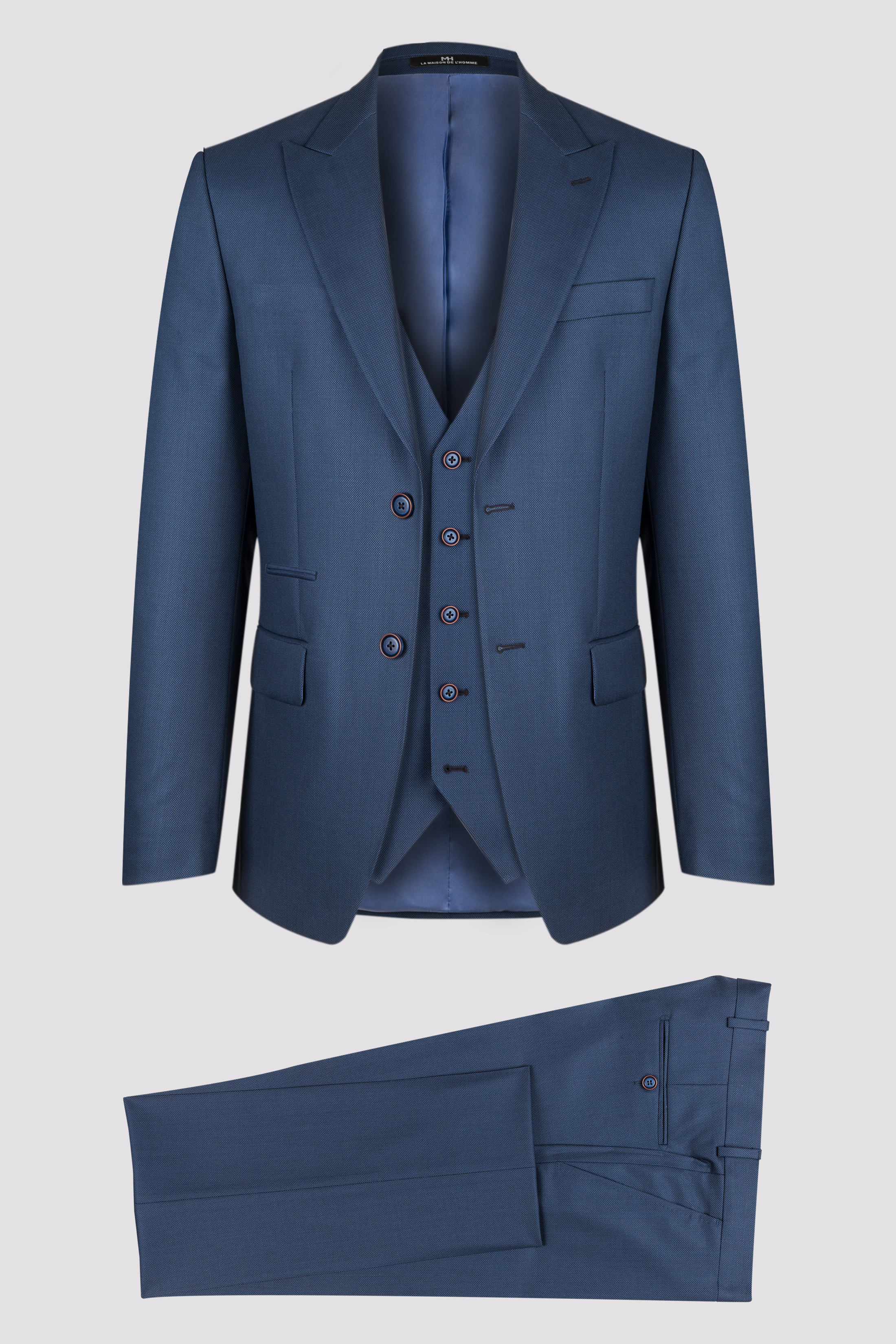 Costume avec gilet bleu saphir motif caviar pure laine super 130